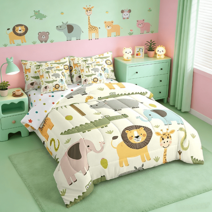 Manfei Nature Wildlife Zoo Animal Theme 7 Pieces Bedding Comforter Set,Cartoon Lion Giraffe Crocodile Full Bedding Set Reversible