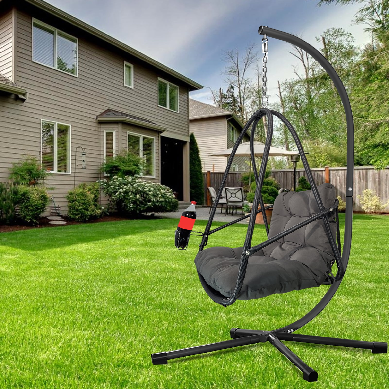Miniyam Outdoor Hanging Egg Chair with Stand, Foldable Swing Chair with Cup Holder, Rattan Wicker Patio Chair with Cushions for Adults and Kids, Black