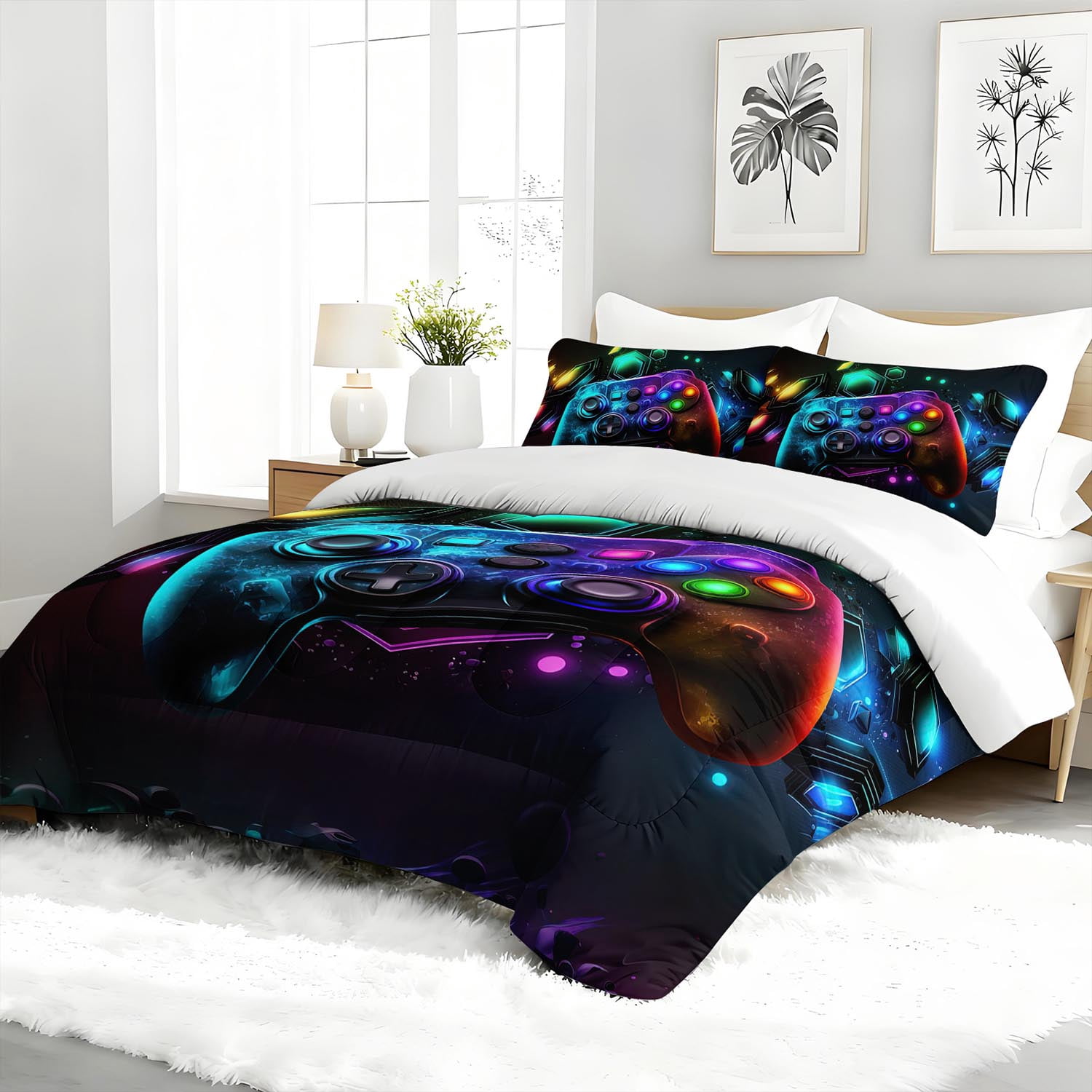 3pcs Gaming Controller Comforter Set, Neon Gamer Bedding Set for Bedroom or Guest Room Decor, All Seasons Quilt Machine Washable Duvet with 2 Pillowcases