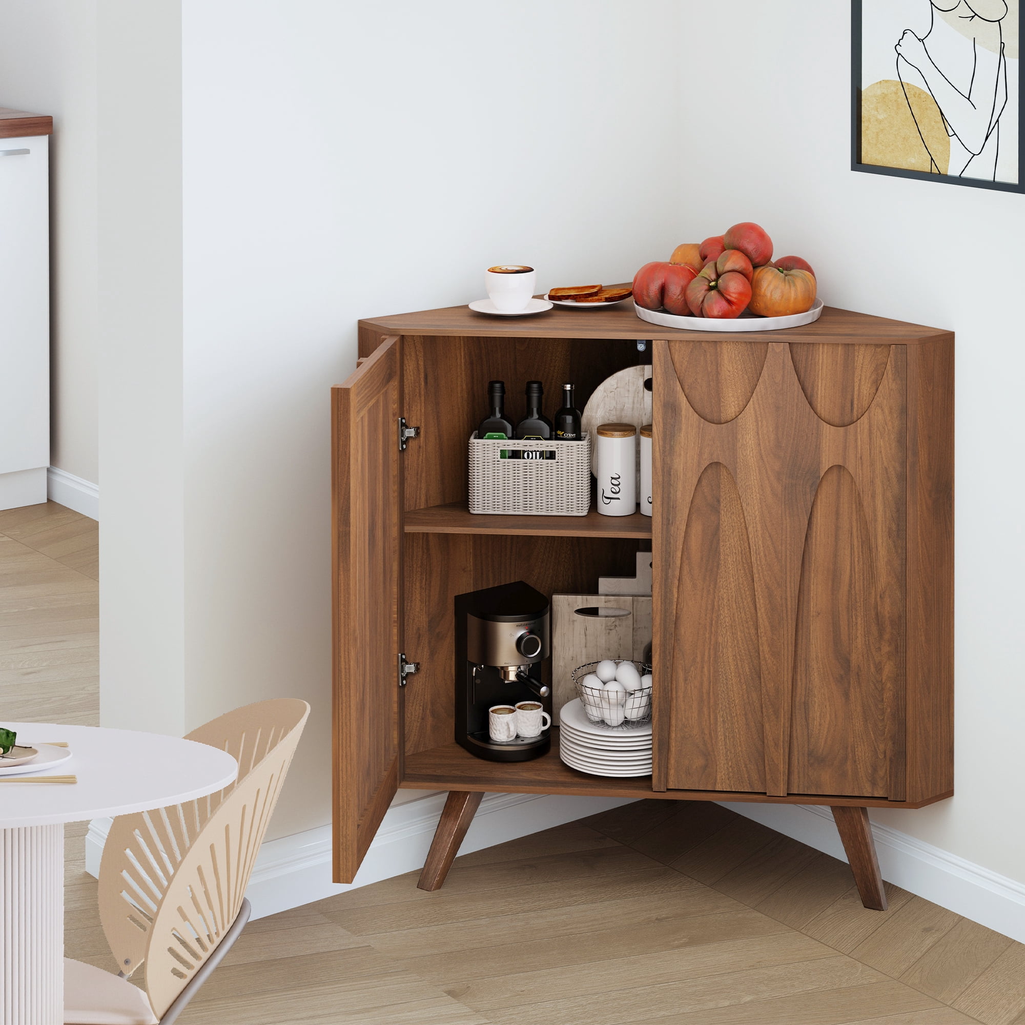 LEFHDA Adjustable Shelf Corner Cabinet with 2 Doors — Freestanding Storage Organizer for Bathroom, Kitchen, Living Room in Brown/Black & Walnut Finishes