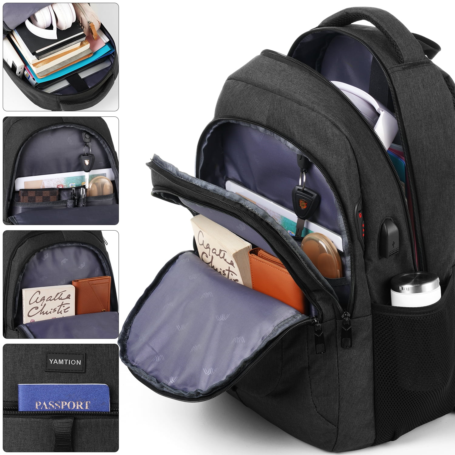 Black Backpack for Men ,School Bookbag for Teen Boys Laptop Backpack with USB for Collge Travel  Work Business