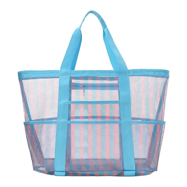 Bolsa de playa de malla para mujer, juguetes para piscina, natación, gimnasio, artículos esenciales para vacaciones, para ir al trabajo o acampar. Azul rosa