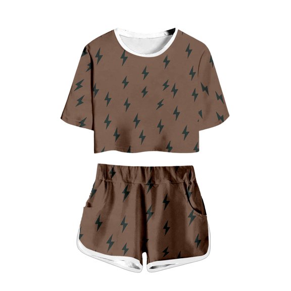VNKIDY Girls Kids Summer Two Piece Homewear Outfit With Lightning Print Round Neck Cropped Top Contrast Hem Elastic Waist Shorts Set For Casual Daily Wear Classic Set