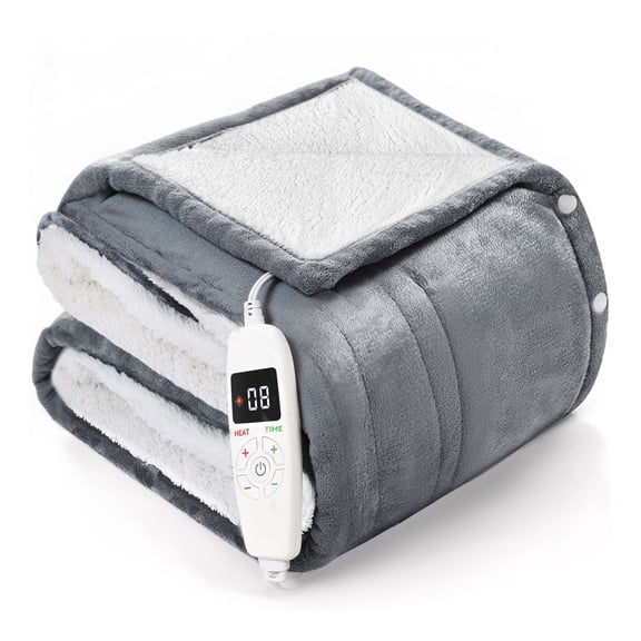 YGXNEWER 50" x 60" Electric Heated Blanket with 10 Heating Levels & 1-8H Auto-off, Machine Washable Flannel & Sherpa, Gray & White