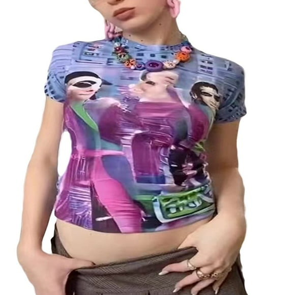 Graphic Tees Womens Print Short Sleeve T Shirts 2000s Tops Goth Aesthetic Clothes Basic Streetwear Purple Blue M