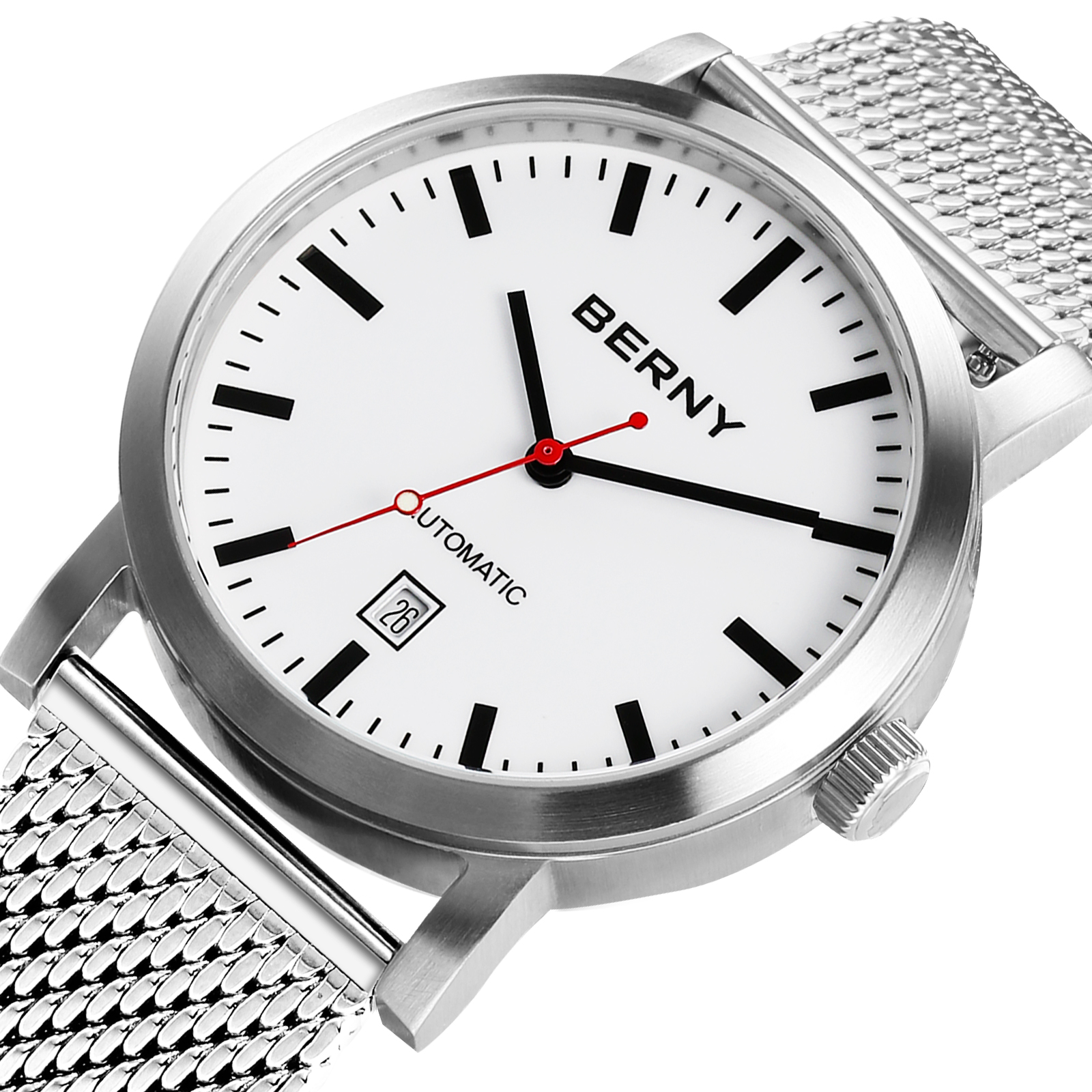 BERNY Automatic Watch for Men, Classic Mechanical Wristwatch with Stainless Steel Mesh Band, Date Calendar, 5ATM Waterproof, Super Luminous, Red Seconds Hand (White)