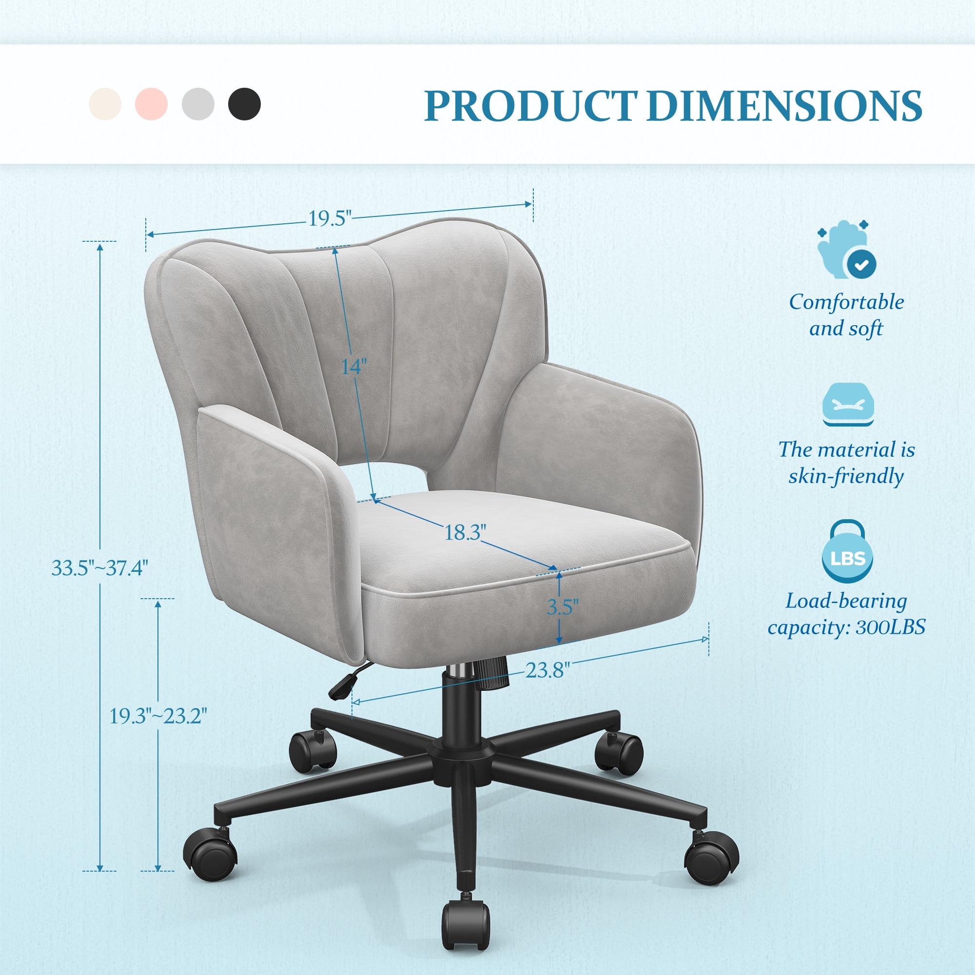 Romorgniz Vanity Chair with Wheels & Back Desk Chair Adjustable Height for Makeup, Work & Relaxation, Gray