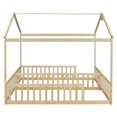 thumbnail image 5 of Double Twin Size House Bed with Roof, Wooden Montessori Floor Bed with Fence Guardrails, Twin Bed Frame Two Shared Beds for Kids Boys Girls Bedroom, Without Door Design, Natural, 5 of 7