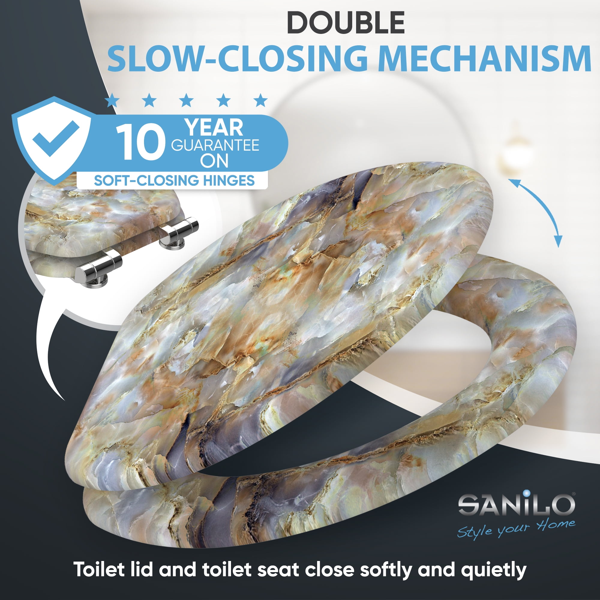 Sanilo Soft Close Toilet Seat ELONGATED, Quiet and Slow Close Lid and Seat, Strong Bumpers and Hinges, Marble Brown