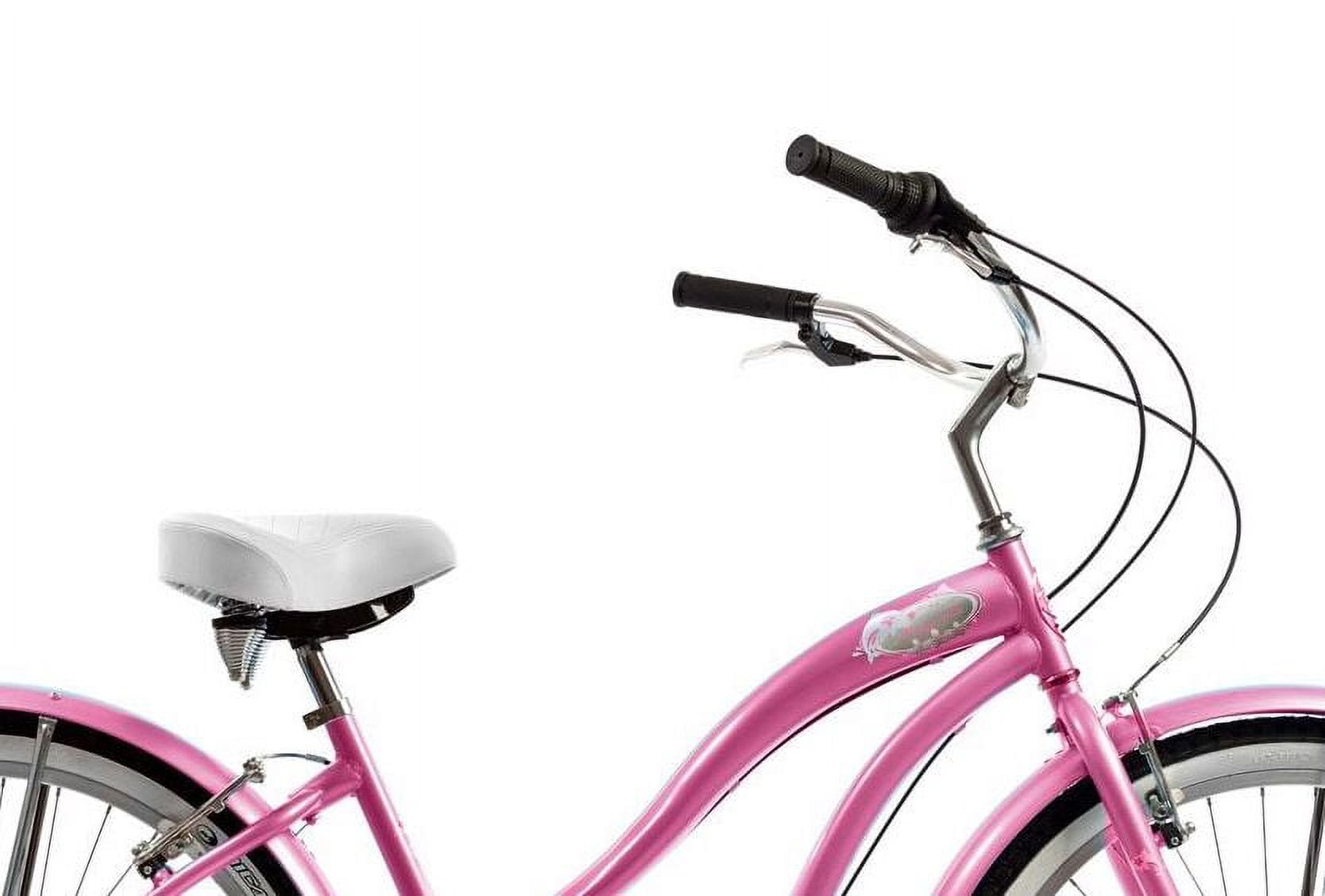 Wonder Wheels 26 In. Beach Cruiser Shimano Tx-35 7 Speed Bicycle, Bike, V-Brake Stainless Steel Spokes One Piece Crank Alloy Pink Rims 36 H With Fender - Pink