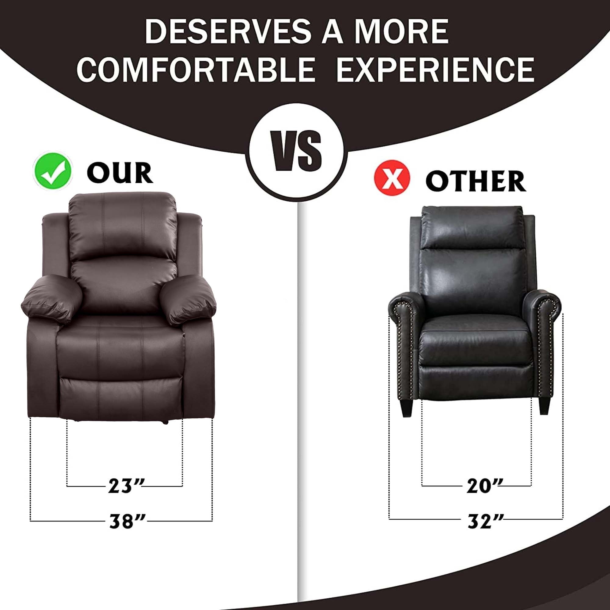 Aukfa Leather Recliner Chair Overstuffed Armchair Single Sofa w/ Lumbar Support for Living Room, Brown