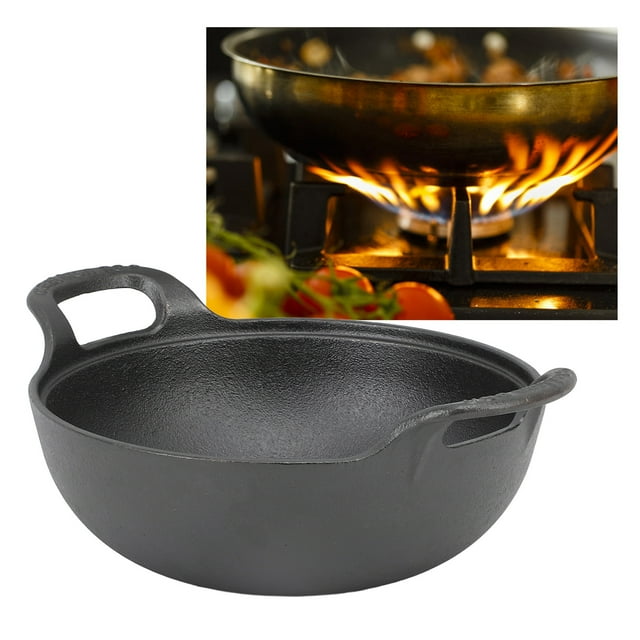 Cast Iron Wok with Handle for Authentic Asian Cooking, Wooden Lid, Flat Base for Easy Cooking