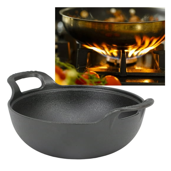 Cast Iron Wok Pan with 2 Handle and Wooden Lid, Uncoated Flat Bottom Wok, Chinese Wok Stir Fry Pan Chinese Pan Mini Wok for Induction, Electric, Gas Stoves, Practical Gift