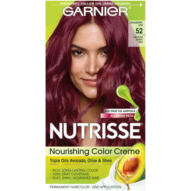Garnier Nutrisse Nourishing Hair Color Creme with Triple Oils, Strawberry  Jam 52, Medium Berry Red, 1 Kit 