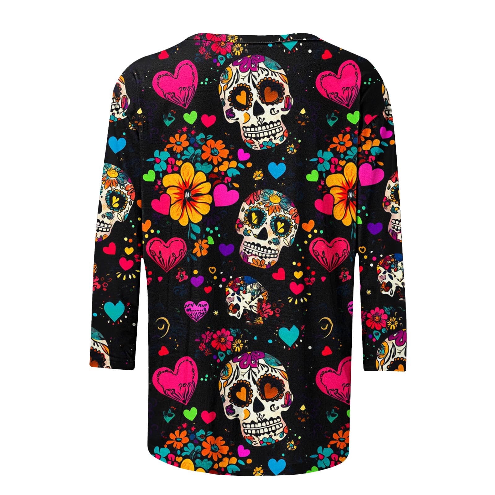 Women's Day of The Dead Print T-Shirt Crew Neck 3/4 Sleeve Loose Fit Mexican Skull Tee