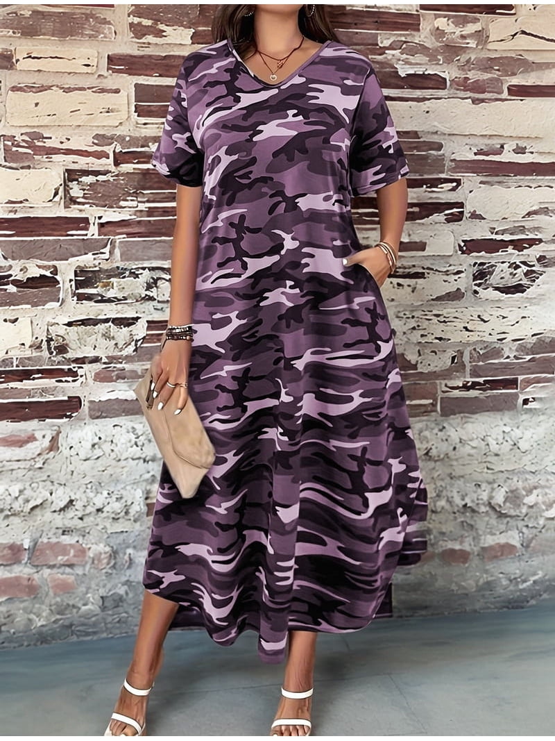 camo t shirt dress women Parfaitlady Women'S Casual Summer T Shirt Dress Loose Short Sleeve Camo  Tunic Dress with Pocket for Women Grey L
