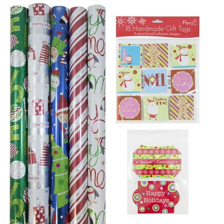 JAM Paper Gift Wrapping Bundle, Playful Christmas, 5 Rolls of Wrapping Paper (125 sq ft) / 2 Packs of Gift