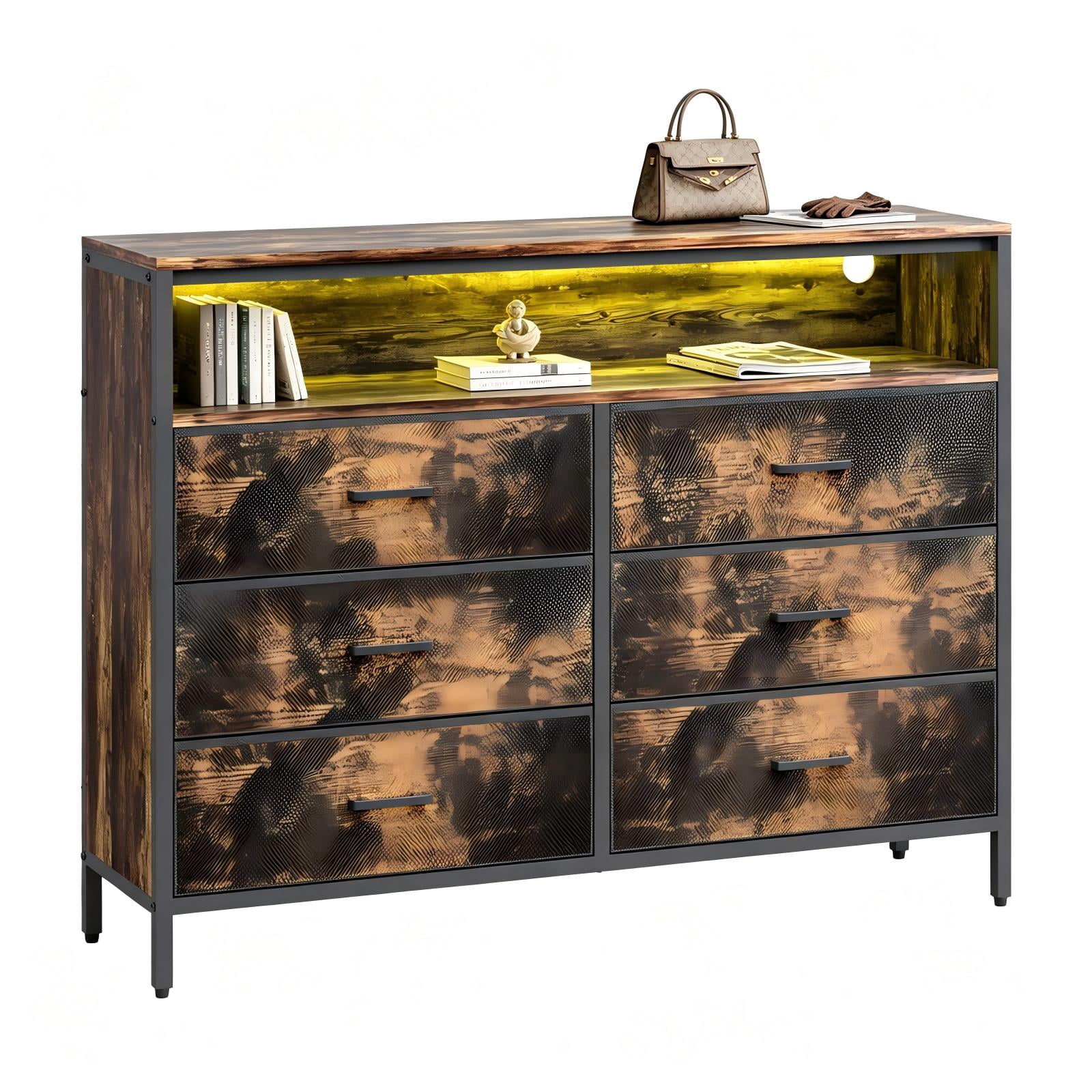 6-Drawer TV Cabinet with RGB Light Strip and Power Hub, 45 x 11.8 x 34.3 in, Rotten Wood