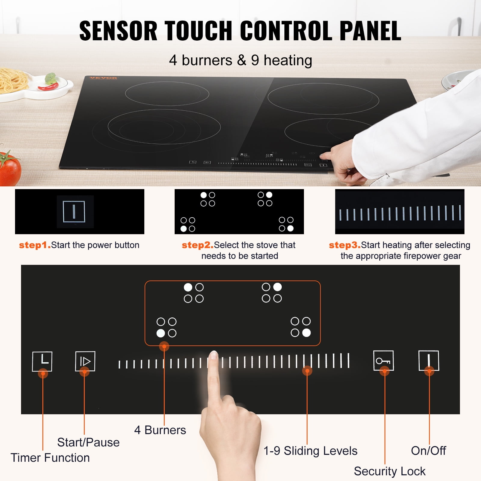 VEVOR Built in Electric Stove Top, 23.2 x 20.5 inch 4 Burners, 220-240V 60Hz Glass Radiant Cooktop with Sensor Touch Control, Timer & Child Lock Included, 9 Power Levels