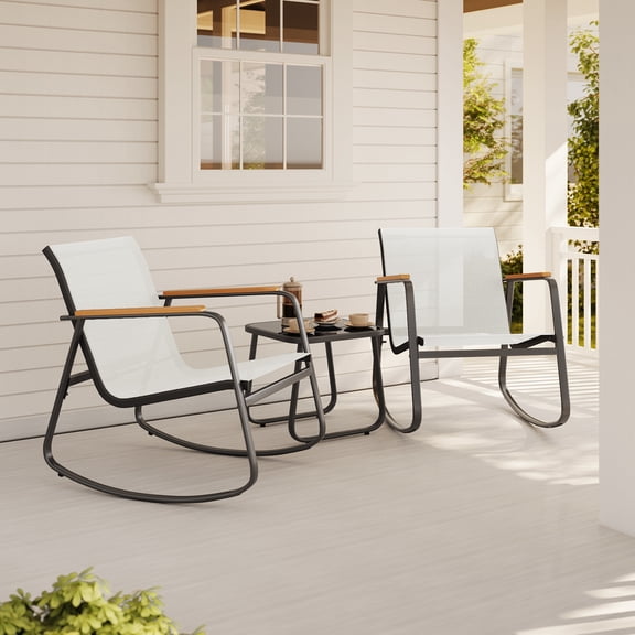 Asofer 3 Pieces Patio Chairs,Outdoor Bistro Set,Patio Furniture with 2 Outdoor Rocking Chairs and 1 Glass Coffee Table for Poolside,Porch,Balcony