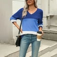 thumbnail image 3 of ManxiVoo Women's V Neck Lightweight Crochet Knit Pullover Long Sleeve Ribbed Casual Sweater Fall Fashion Top S Size Blue, 3 of 6