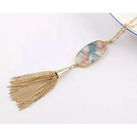 Fashion Abalone Tortoise Shell Gold Metal Tassel Pendant Long Necklace for Women