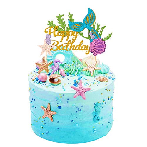 Sakolla Glitter Mermaid Birthday Cake Topper Happy Birthday Cake Decoration For Under The Sea Themed Baby Shower Birthday Party Supplies Walmart Com