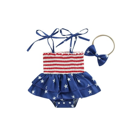 

EYIIYE Independence Day Baby Girl Stripe/Star Pattern Print Sleeveless Sling Straps Romper with Headband 2PCS Set 0-12 Months