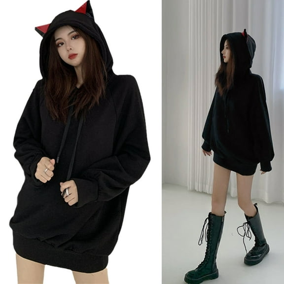 GENEMA Women Goth Long Sleeve Hoodies Dress Cute Cat Ears Oversized Pullover Sweatshirt
