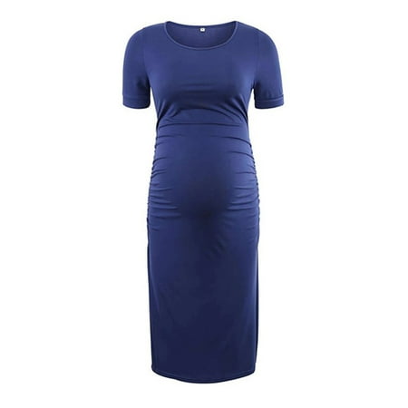

CaComMARK PI Female Maternity Dress Woman O-Neck Solid Short Sleeve Breast-Feeding Pregnant Nursing Dress Blue
