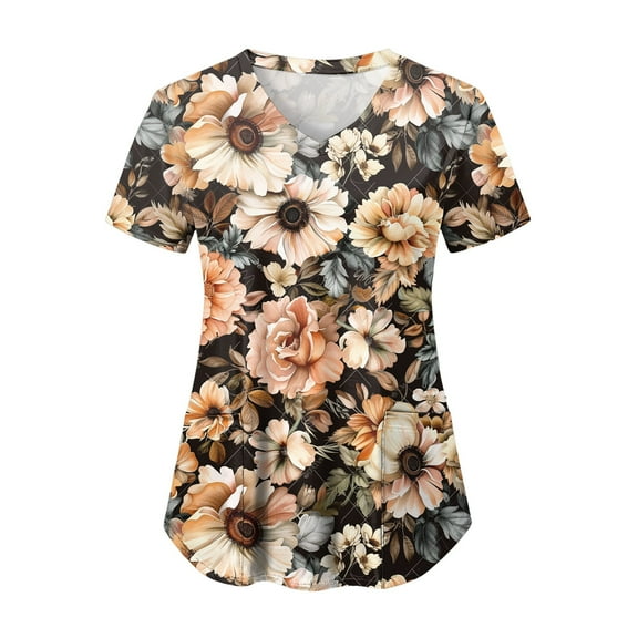 NIEWTR Cartoon Print V Neck Scrub Tops for Women Summer Lightweight Nursing Uniform Shirts with Pockets(Rose Gold,XL)