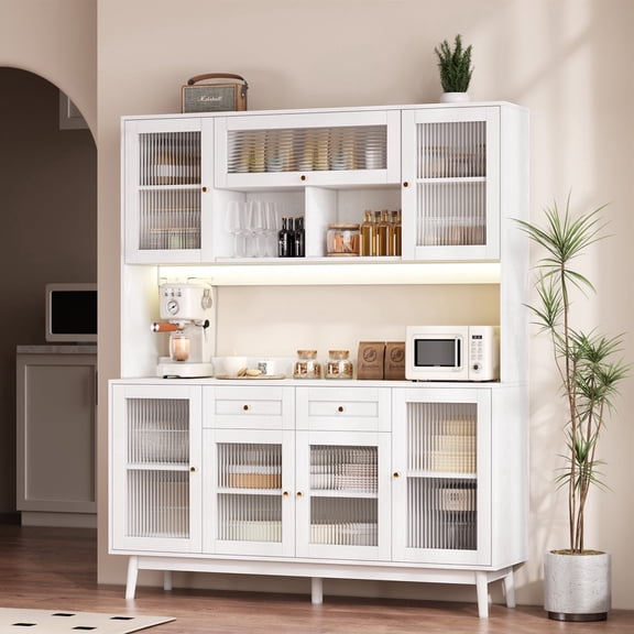 RichYa Kitchen Pantry with RGB LED Light,2 Drawers Hutch Storage Cabinet with Doors & Adjustable Shelves,Cupboard Buffet for Dining Room,White