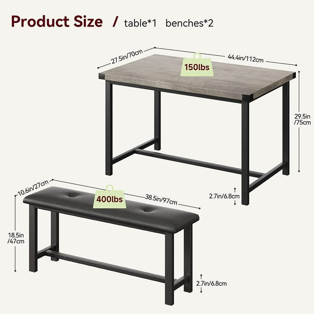 QinaQin Dining Table Set for 4 with Benches, Retro Gray