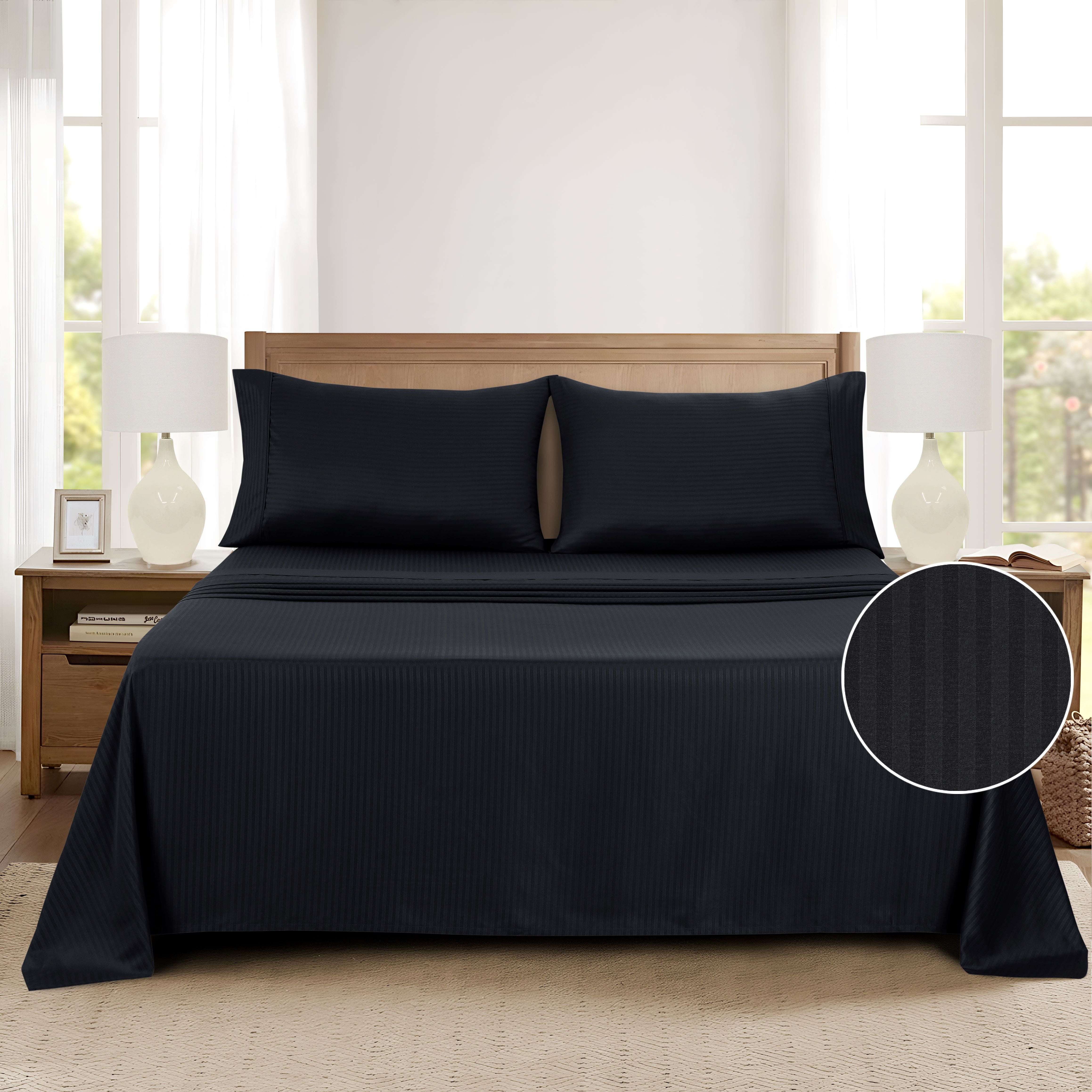 Mainstays Super Soft Brushed Microfiber Bed Sheet Set, Rich Black Embossed Stripe, King, 4 Piece