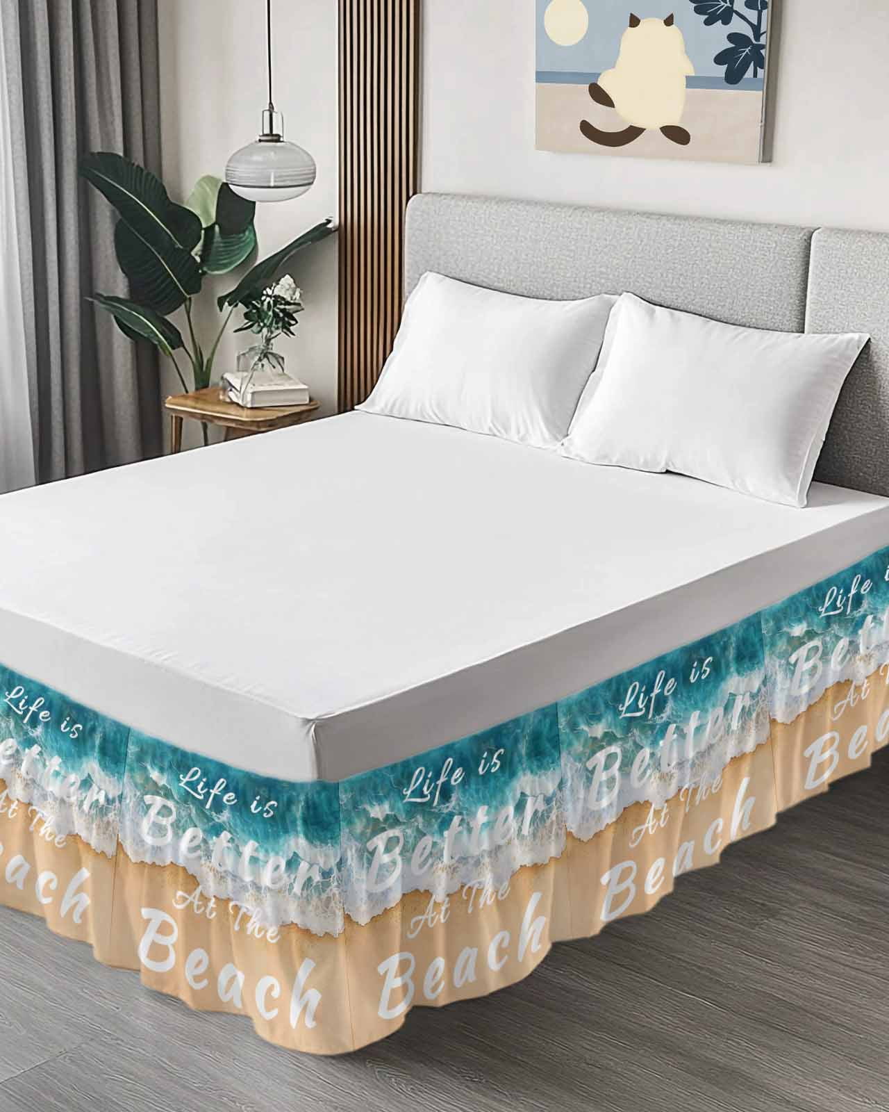 Summer Beach Blue Wrap Around Bed Skirts for Queen Bed 16" Drop, Bed Skirt with Adjustable Elastic Belt Dust Ruffle Bed Valance for Bedroom Hotel Luxury Life Is Better at The Beach Bed Frame Cover