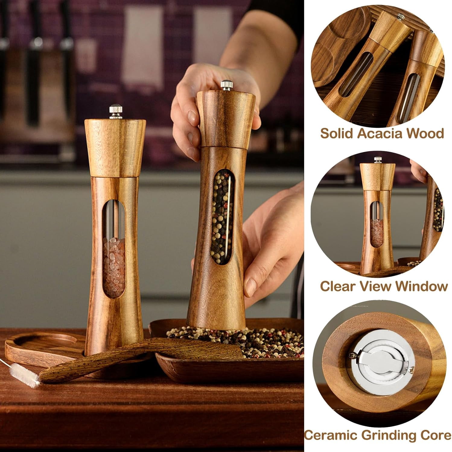 2 Pack Wooden Salt and Pepper Grinder Set — 8 Inch Refillable Salt and Pepper Shakers — Manual Spice Mills with Clear View Window — Ceramic Grinder, Adjustable Coarseness