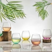 JoyJolt Hue Colored Stemless Wine Glass Set - Large 15 oz Glass Stemless Wine Glasses Set of 6