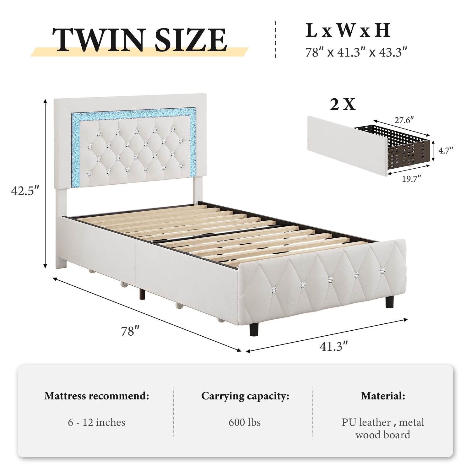 4 Ever Winner Twin Size Upholstered Bed Frame with LED Light, 2 Drawers, Diamond Tufted Headboard, White