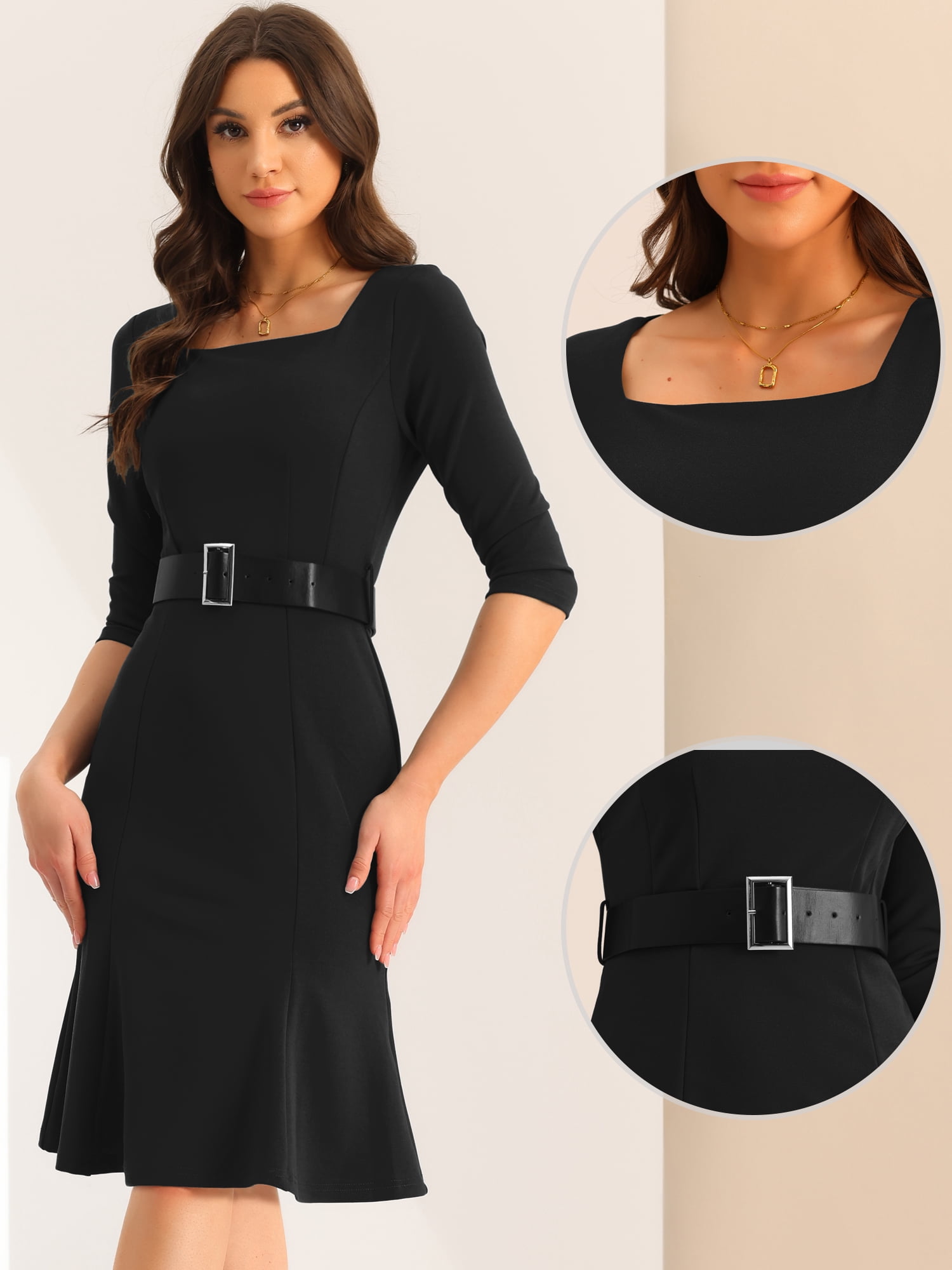 Unique Bargains Women's Work Office Dress Square Neck Knee Length Belted Dress M Black