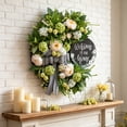 thumbnail image 5 of Artificial Half Circle Spring Summer Front Door Wreath with Welcome Sign, 24 Inch Hydrangea and Peony Floral Wreath with Striped Bow for Indoor Outdoor Home Decor, 1 Pack Green, 5 of 7