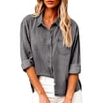 thumbnail image 2 of Chambray Denim Shirt Women Long Sleeve Button Down Western Jean Shirts Collared V Neck Roll Up with Pockets Boyfriend Baggy Shacket Casual office, 2 of 8