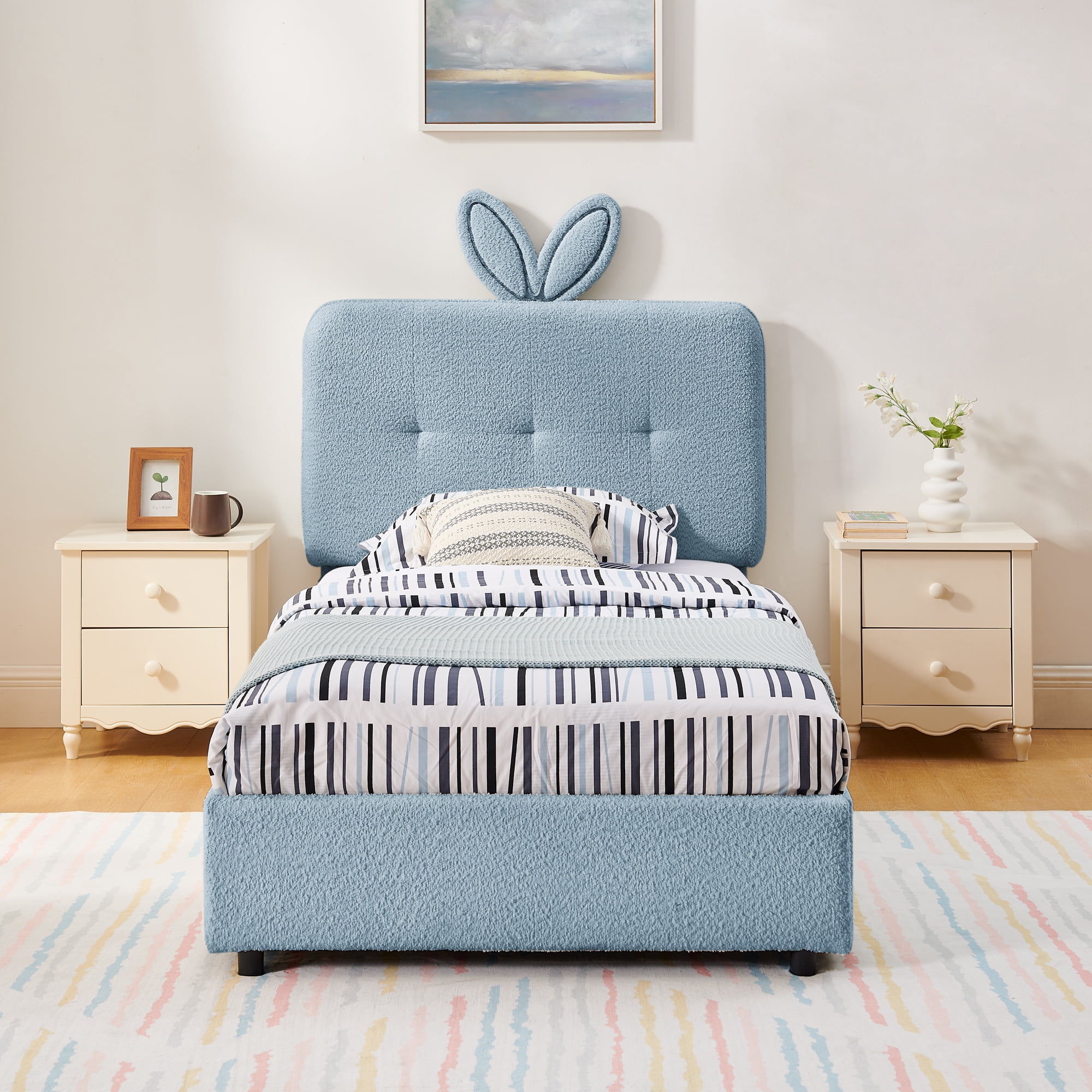 Mintazer Twin Upholstered Kids Bed with Oversized Rabbit Ear Headboard, Boucle Fabric Platform Bed with LED Headboard & 4 Storage Drawers, Blue
