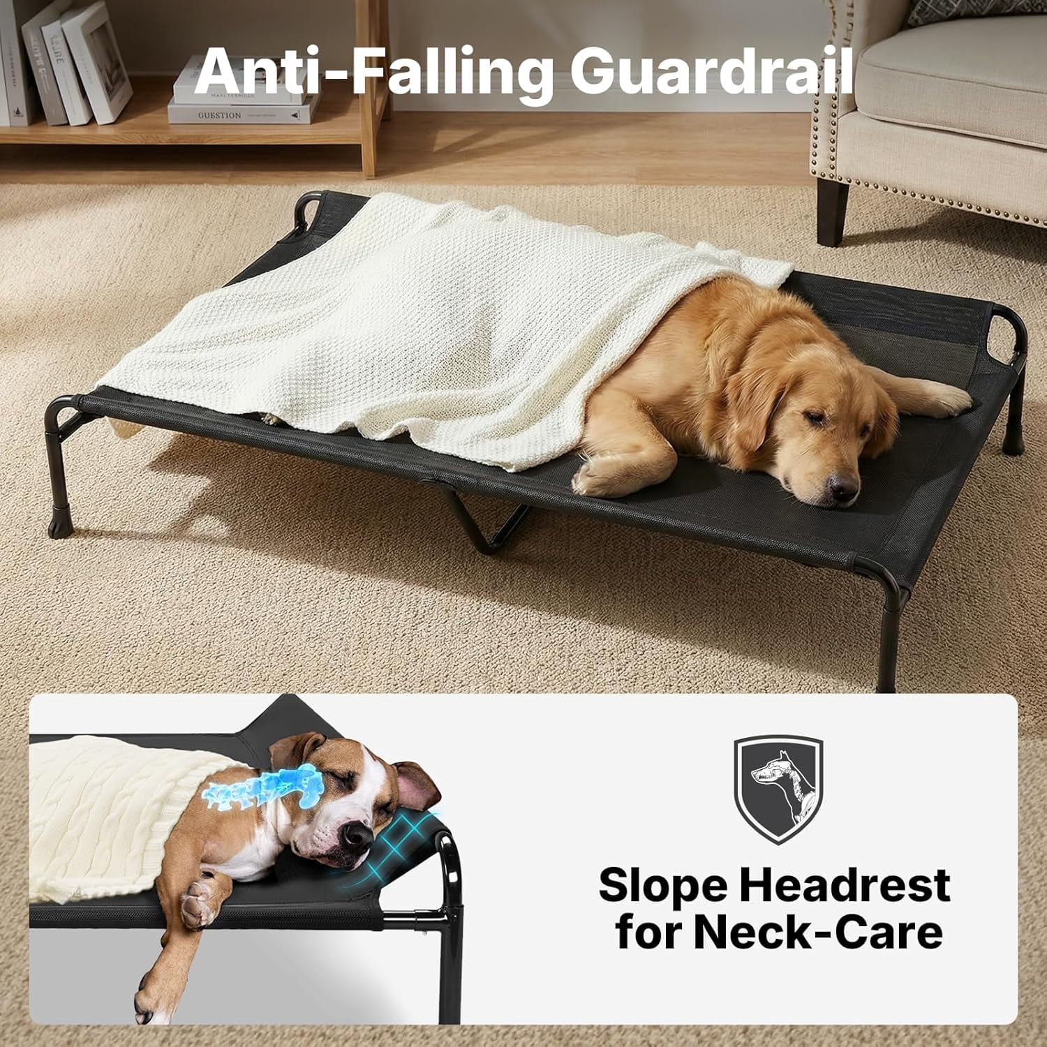 XXL Raised Dog Bed with Headrest Sides Washable Cooling Mesh Cot Non-Skid Feet Portable Pet Hammock Black 53.0"L x 33.0"W x 11.0"Th