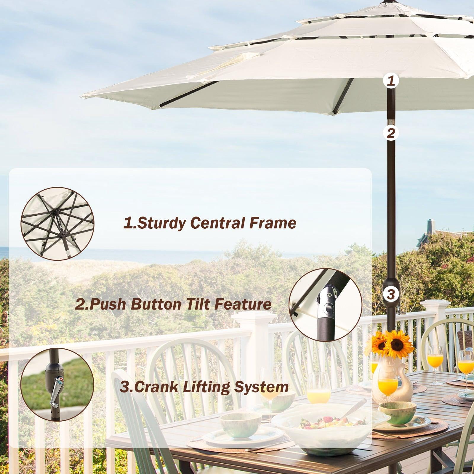 Aoodor 10ft 3-Tier Patio Umbrella, Outdoor Table Market Umbrella Tilt Adjustment and Crank - Beige