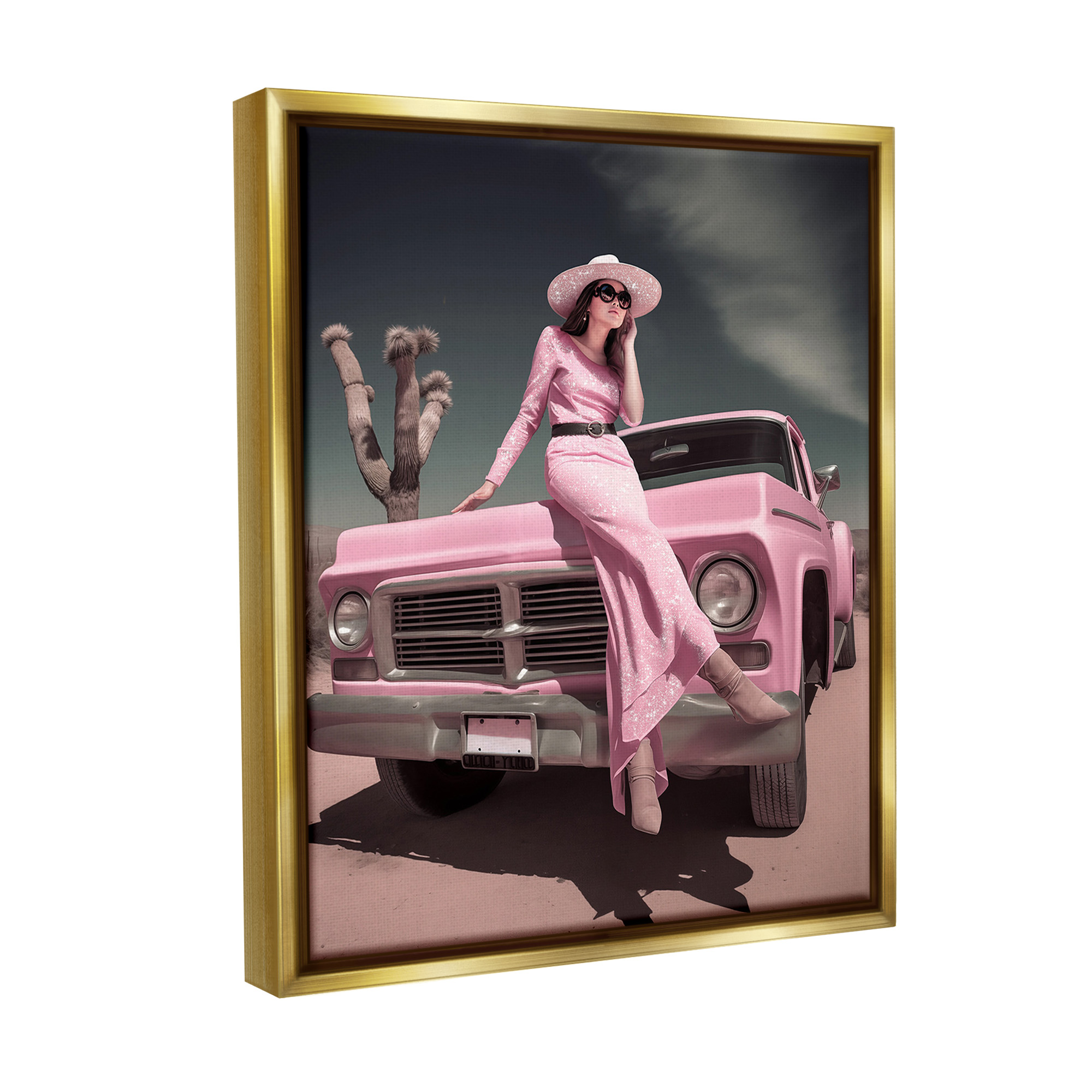 Stupell Industries Glam Woman in Desert Transportation Photography Gold Floater Framed Canvas Art Print Wall Art, 17 x 21