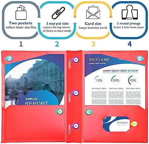Heavy Duty Plastic Folders with Clear Front Pocket - 6PCS, 3 Pockets Folders with Prongs and Card Slot, for Letter Size Sheets, Bright Colors