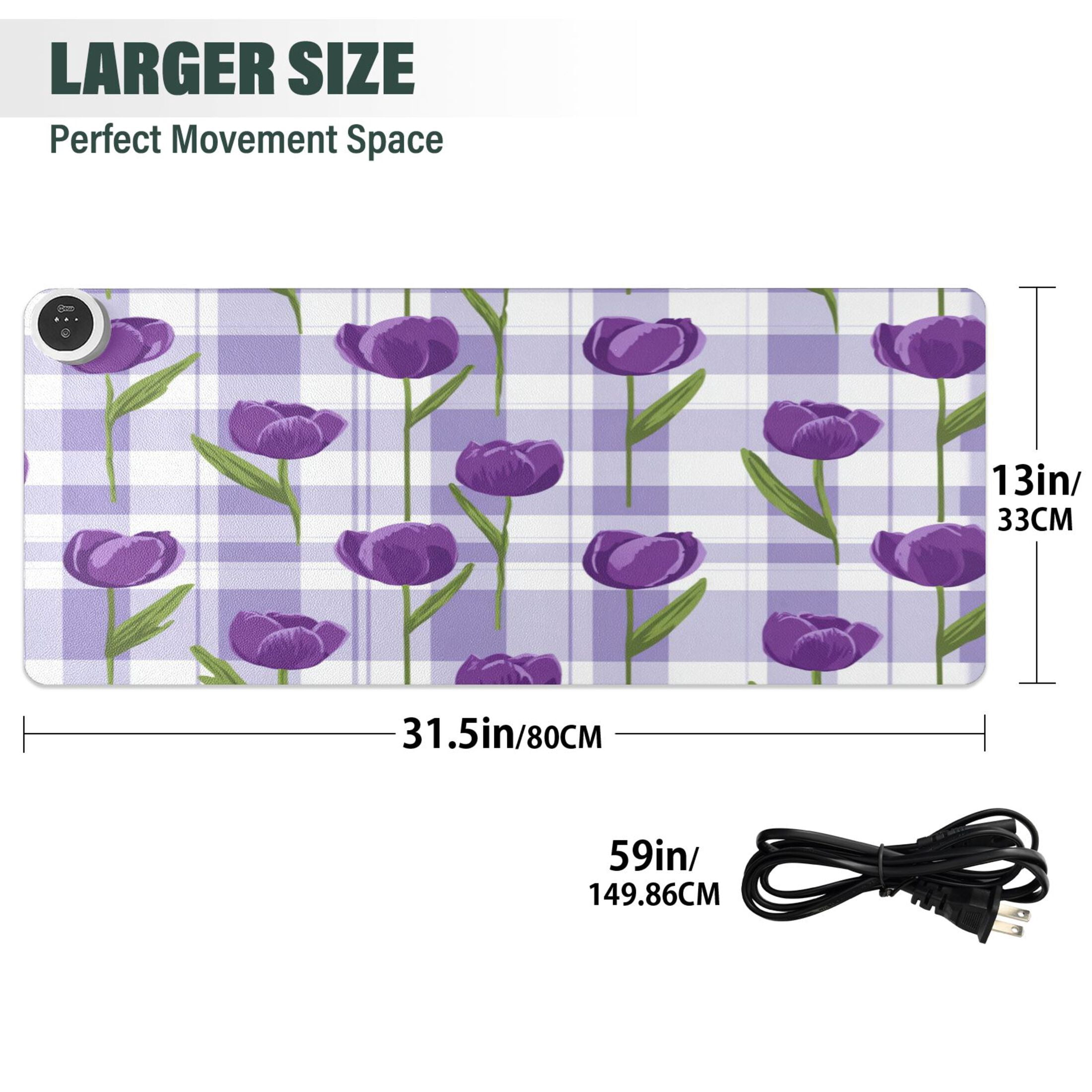 Large Heated Desk Mat Mouse Pad 31.5"x13"PU Leather Graphene Heating Desk Warmer with 3 Temperature Settings 110V US Plug Non-Slip Warm Pad for Home, Office, and Gaming Cute Cartoon Purple Tulips