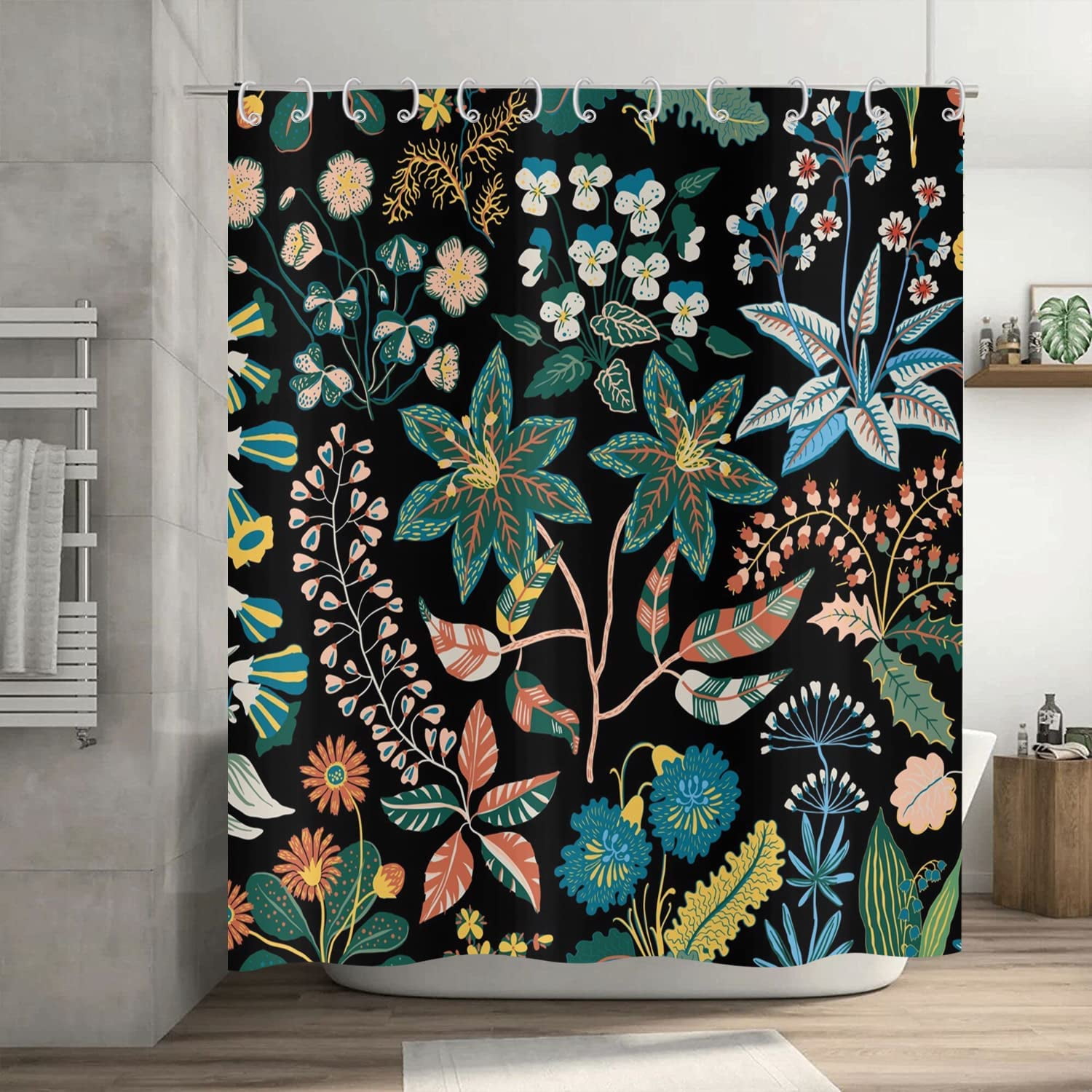 Black Boho Floral Shower Curtain Mandala Paisley Green Flowers Tropical