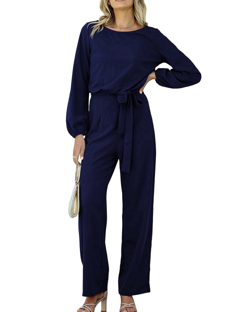 Womens Dressy Jumpsuits Long Sleeve Belted Wide Leg Pants Romper Jumpsuit  Wedding Guest Outfits Navy Blue XL