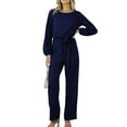 thumbnail image 3 of Womens Dressy Jumpsuits Long Sleeve Belted Wide Leg Pants Romper Jumpsuit Wedding Guest Outfits Navy Blue S, 3 of 9